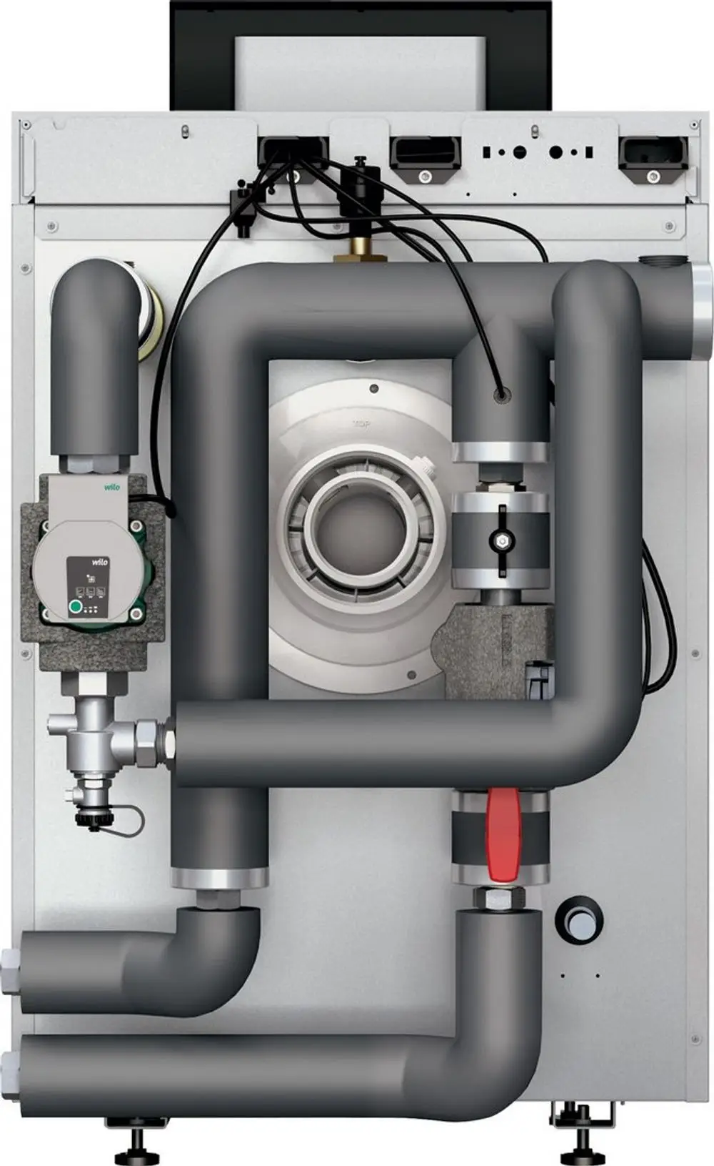 Rückansicht eines Heizungsmoduls mit mehreren Rohrleitungen und einer Pumpe. Bosch-Komponenten sind deutlich sichtbar, die Leitungen sind in einem grauen Farbton gehalten.